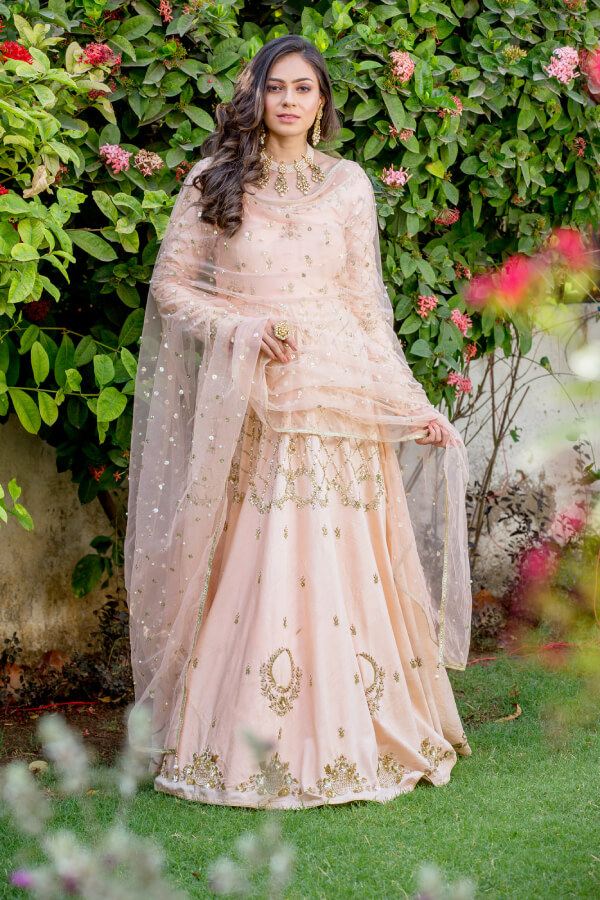 PEACH EMBELLISHED FIT AND FLARE GOWN WITH DUPATTA – Swish By Dolcy & Simran