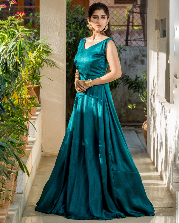 Bottle Green Flared Gown – 101 Hues