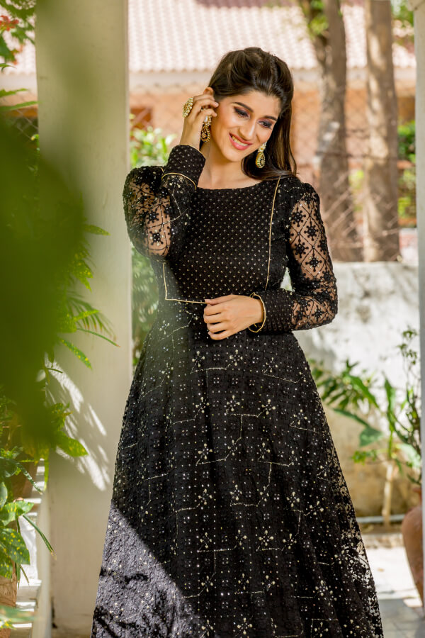 DPCOLLECTIONS Black Georgette Net Ruffled Neck Long Casual Maxi Dress  Product Id - 145413514 at Rs 850 | Georgette Long Frock in Tirupati | ID:  21480486897