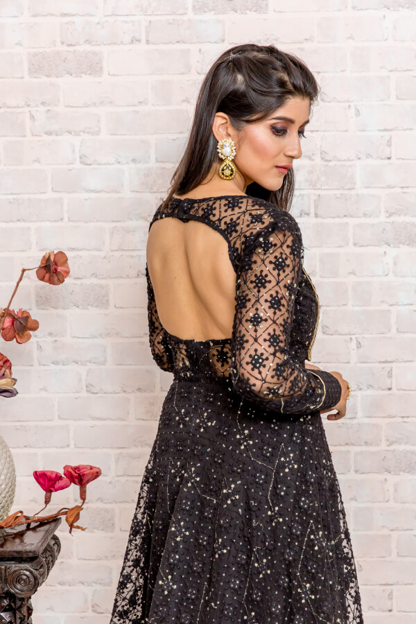 Black Designer Heavy Embroidered Net Wedding Anarkali Gown | Anarkali gown,  Fashion pants, Long sleeve dress