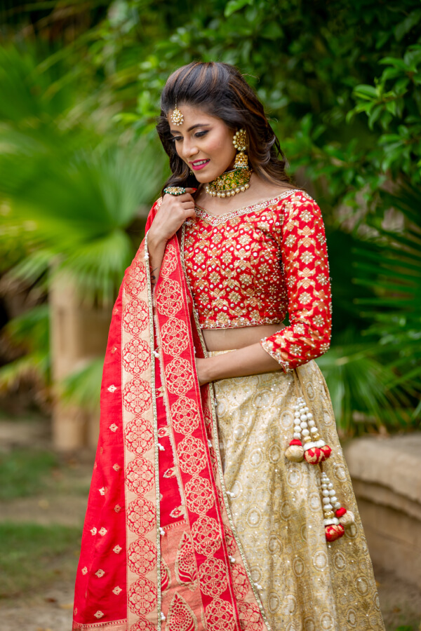 Red sequin and bead work bridal Lehenga with two dupattas – Ricco India