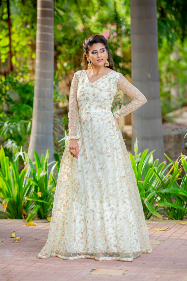 Buy Yellow Chanderi Embroidery Leaf Neck Tiered Gown For Women by JYOTI  SACHDEV IYER Online at Aza Fashions.