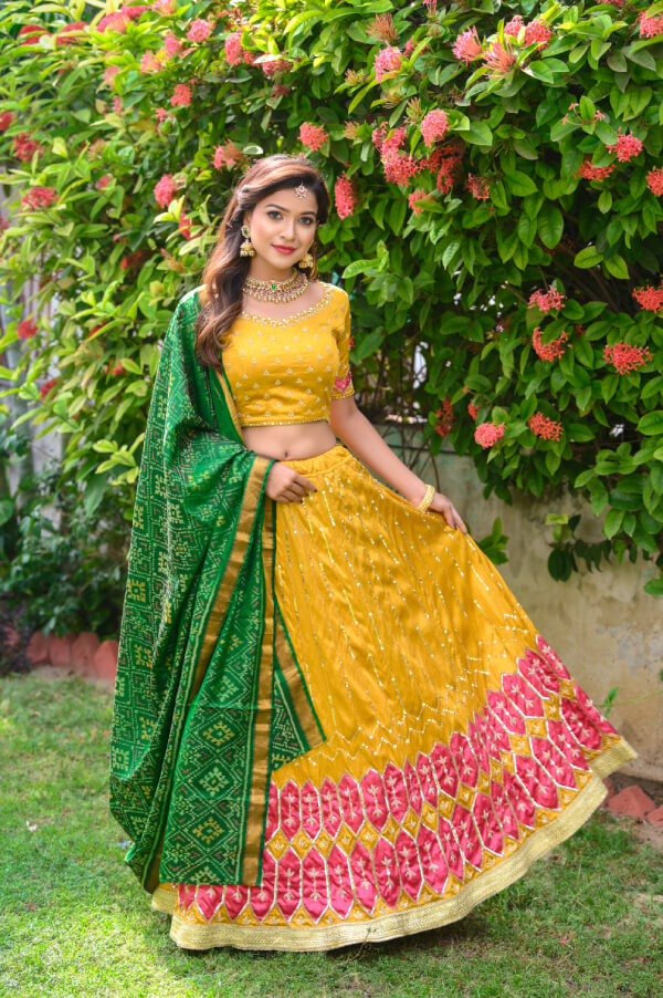 Yellow and Green Lehenga Choli with dupatta - Set of Three by Pixie Dust |  The Secret Label