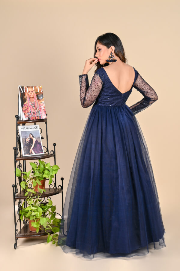 Buy Midnight Blue Gown In Sequins Embellished Net With Ruching In The Front  And Sheer Sides Online - Kalki Fashion