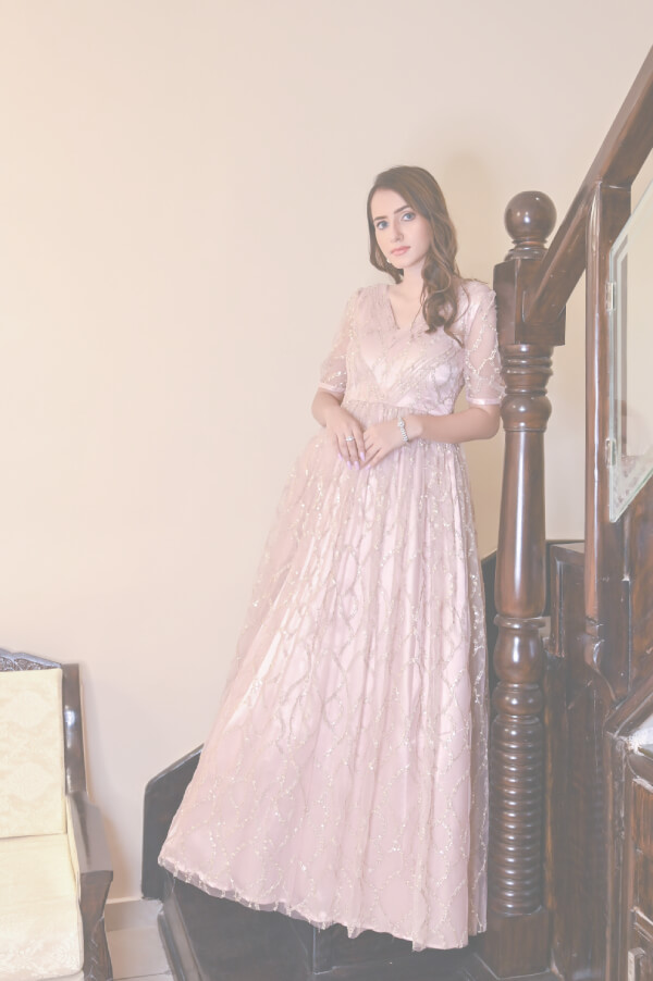 Baby Pink Flared Sleeves Net Gown