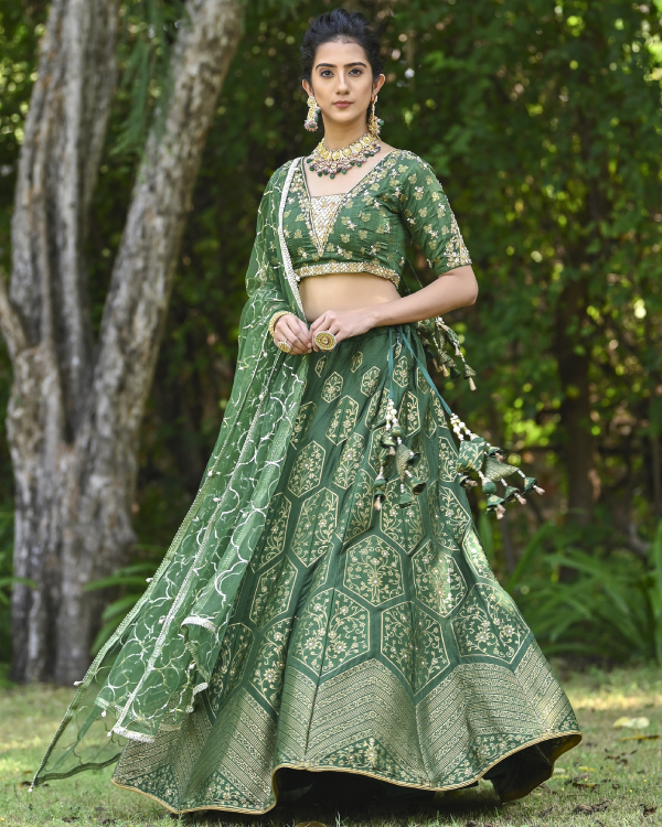 Blue & Green Coloured Designer Banarasi Lehenga Choli with Dupatta!! –  Royskart