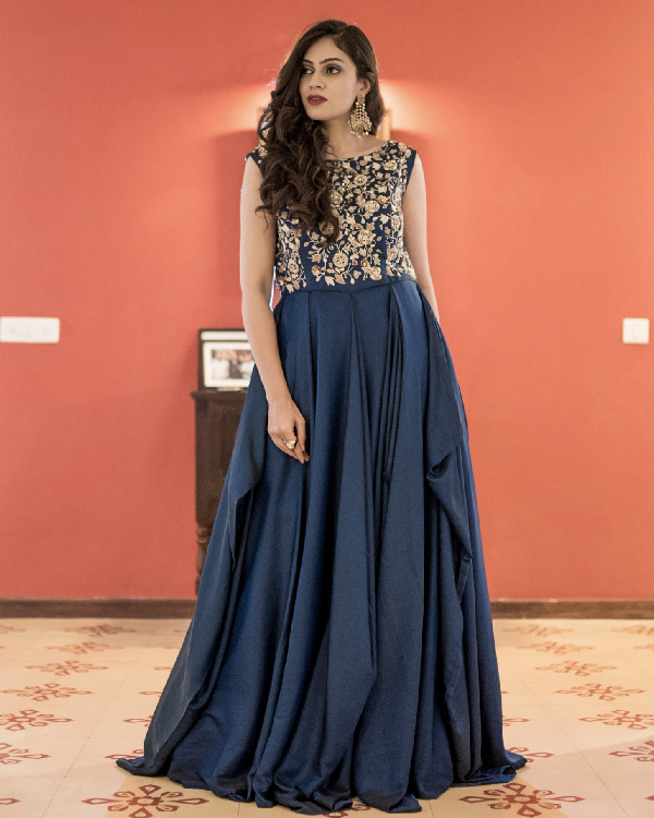 Buy Navy Blue Net And Barfi Silk Party Wear Gown | Gowns