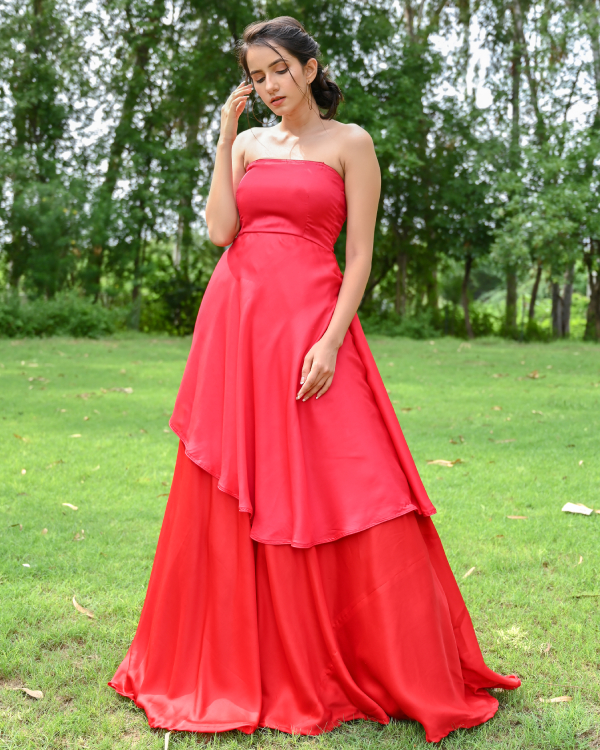 Buy FUSIONIC Red Color Georgette Gown with Add On Sleeves - L at Amazon.in