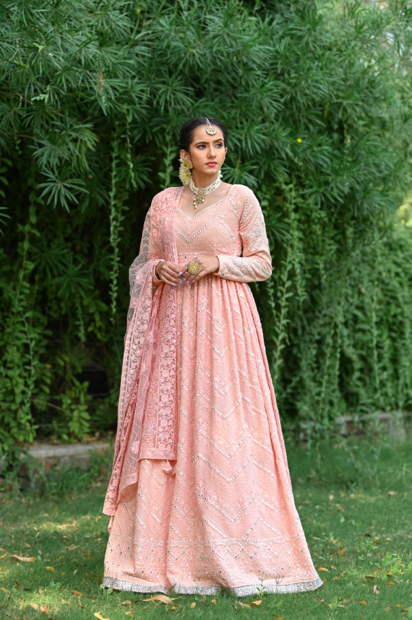 Designer Peach Georgette Long Gown With Dupatta | Indian Online Ethnic Wear  Website For Women