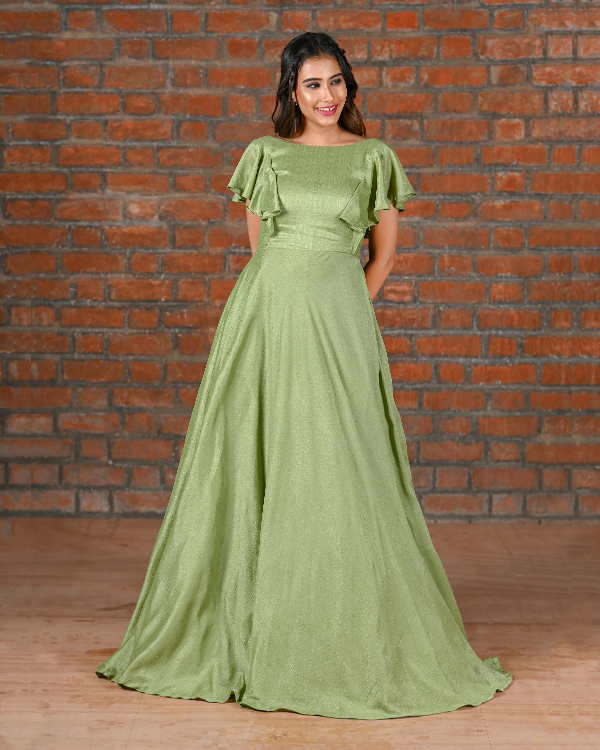 Crepe Fit and Flare Evening Gown with Organza Sleeves