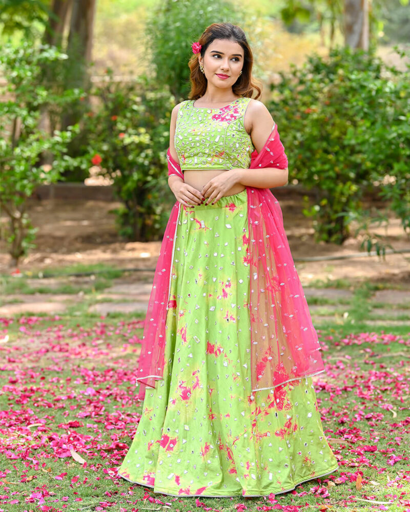 Pure Silk Lehenga Choli with Dupatta in Green Golden Combination