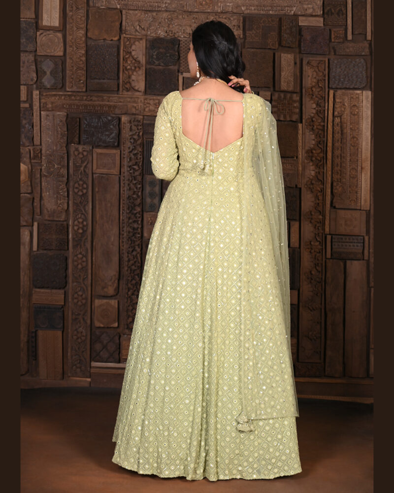 Soft Green Checkered Lucknowi & Tikka Work Flared Gown w/ dupatta