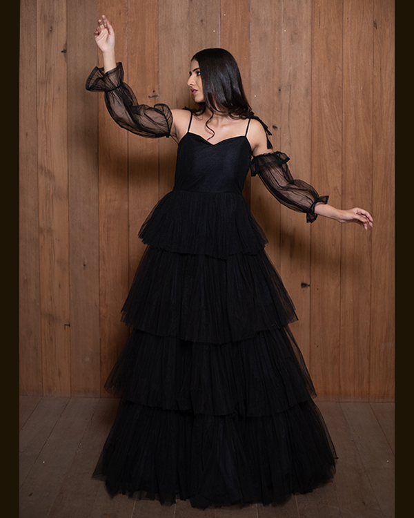 Black & Golden Heavy Georgette Premium Net Maxi Dress -Stitched-Global  Artisans