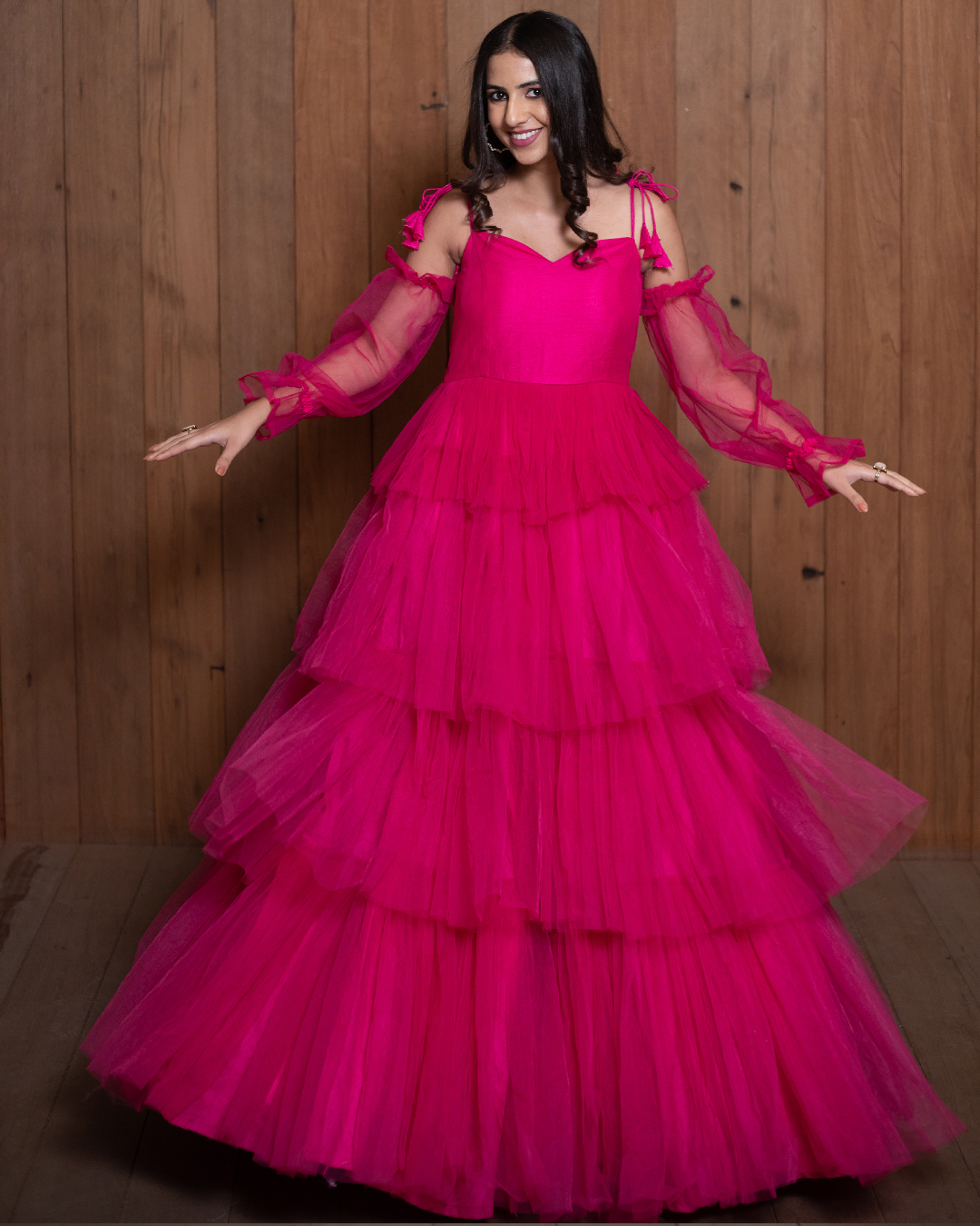Hot Pink Net Layered Gown w/ attached Balloon Sleeves & Shoulder Straps ...