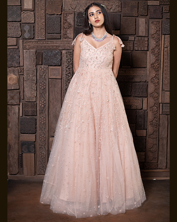 Sheer Lace Bodice 3D Rose Long Train Pink Prom Gown - Promfy
