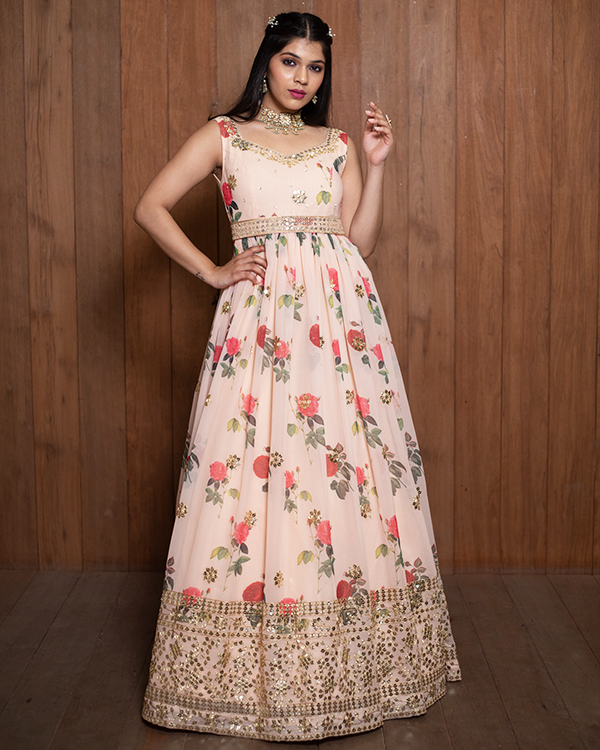 Online Wedding Peach Net Anarkali Suit With Dupatta - Dmv15088