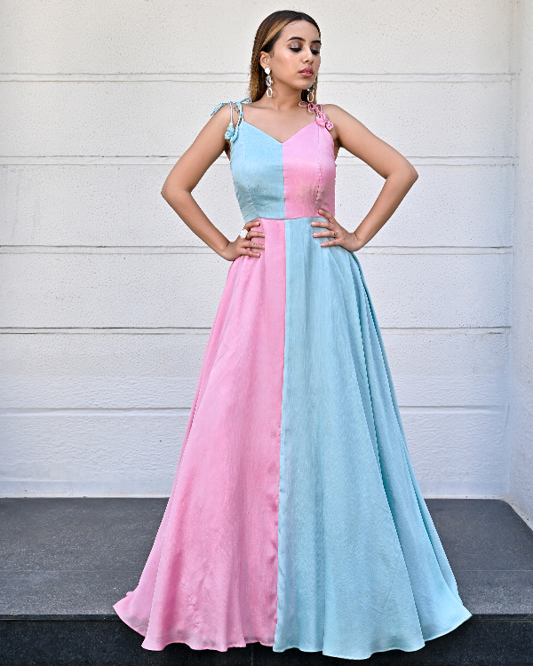 Sky Blue & Baby Pink Color Block Noodle Strap Flared Gown – 101 Hues