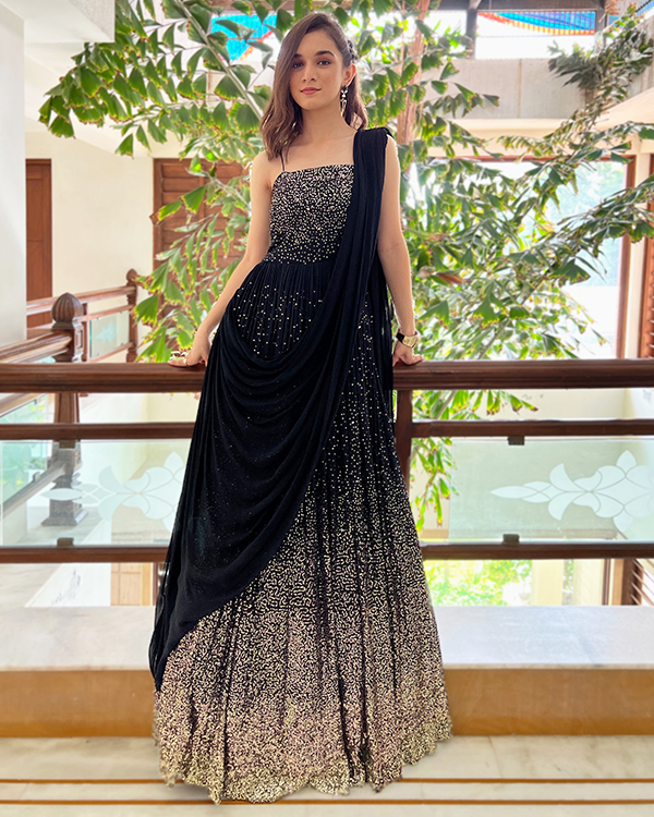 Buy Black Bodice Net Embroidery Sequins Round Pleated Silk Gown For Women  by Adi By Aditya Khandelwl Online at Aza Fashions.