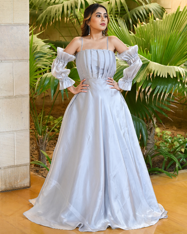 Dusty Blue Long Shimmer Prom Ball Gown - PromGirl