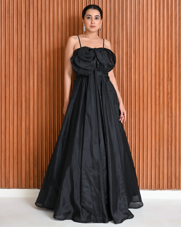 Organza Puff Sleeve Long Dress – Bohemian Black by Walking Roses